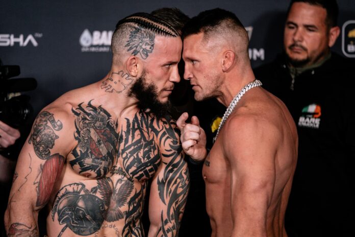 Julian Lane and Dustin Pague face off during the weigh-in ahead of their bout at BKFC 86 Mohegan Sun