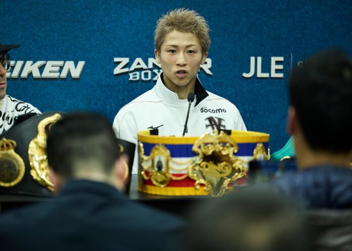 Naoya Inoue speaking at a press conference after his fight with David Picasso