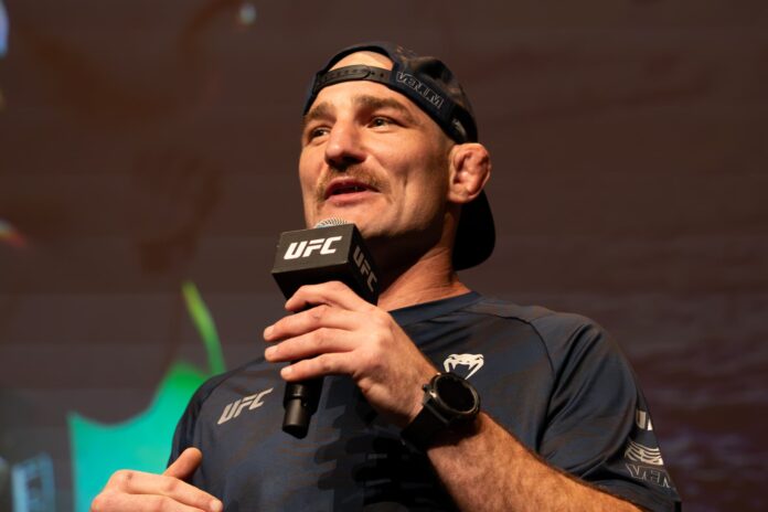 Sean Strickland speaks during the UFC 312 public workouts