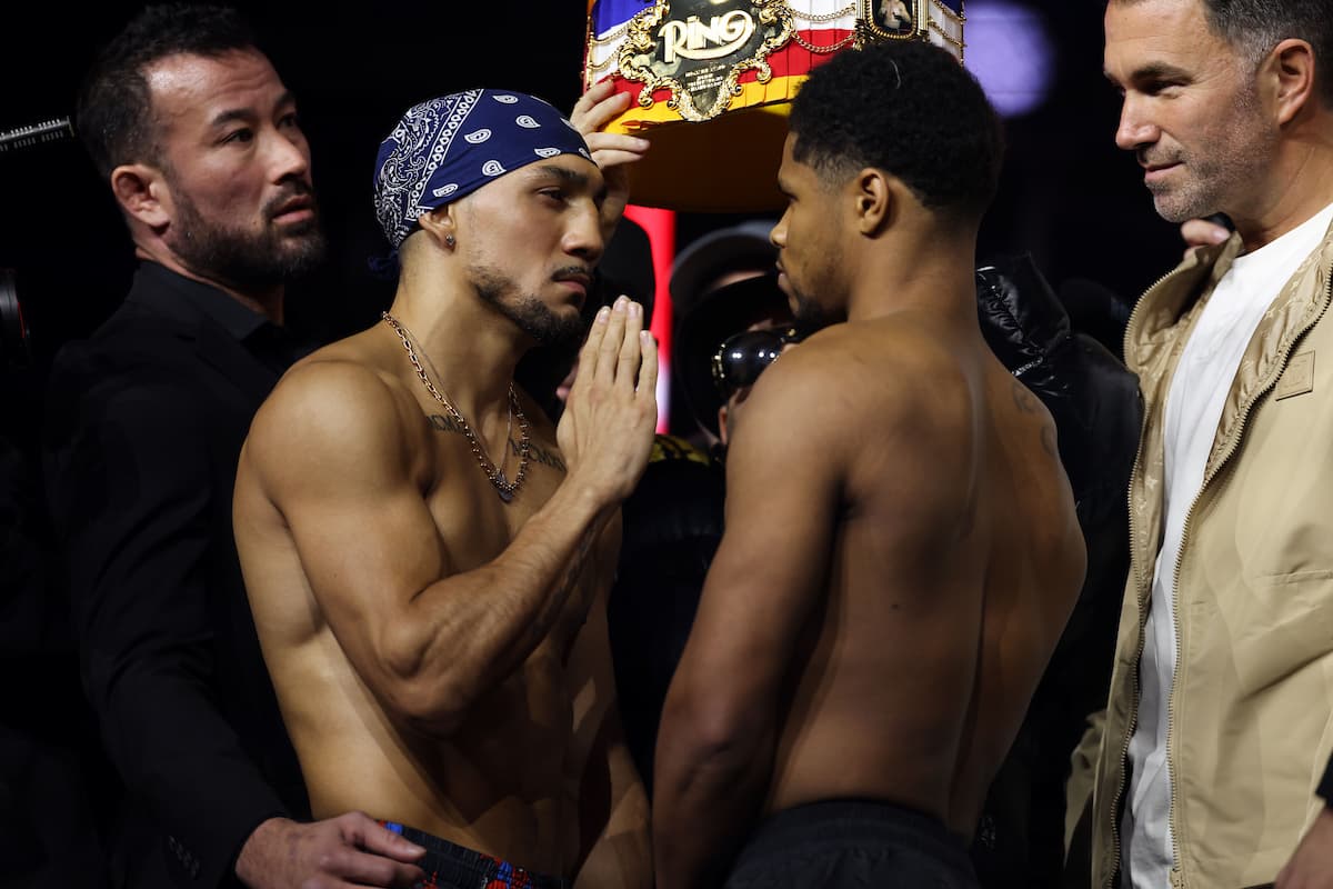 Teofimo Lopez and Shakur Stevenson face off during the weigh-in
