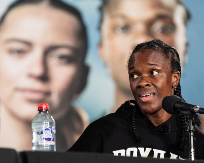 Tiara Brown speaks during a press conference ahead of her boxing match against Skye Nicolson