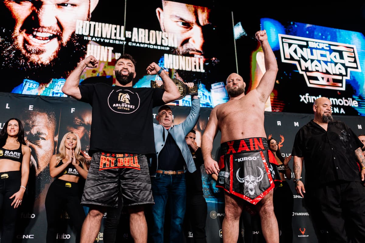 Andrei Arlovski and Ben Rothwell during the BKFC Knucklemania 6 weigh-in