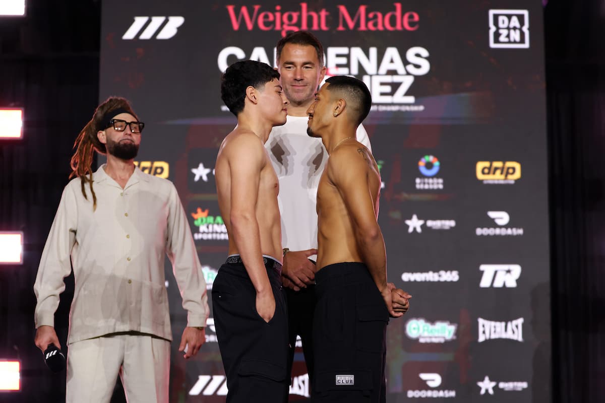 Arturo Popoca Cardenas and Jordan Martinez face off during the weigh-in ahead of their boxing match