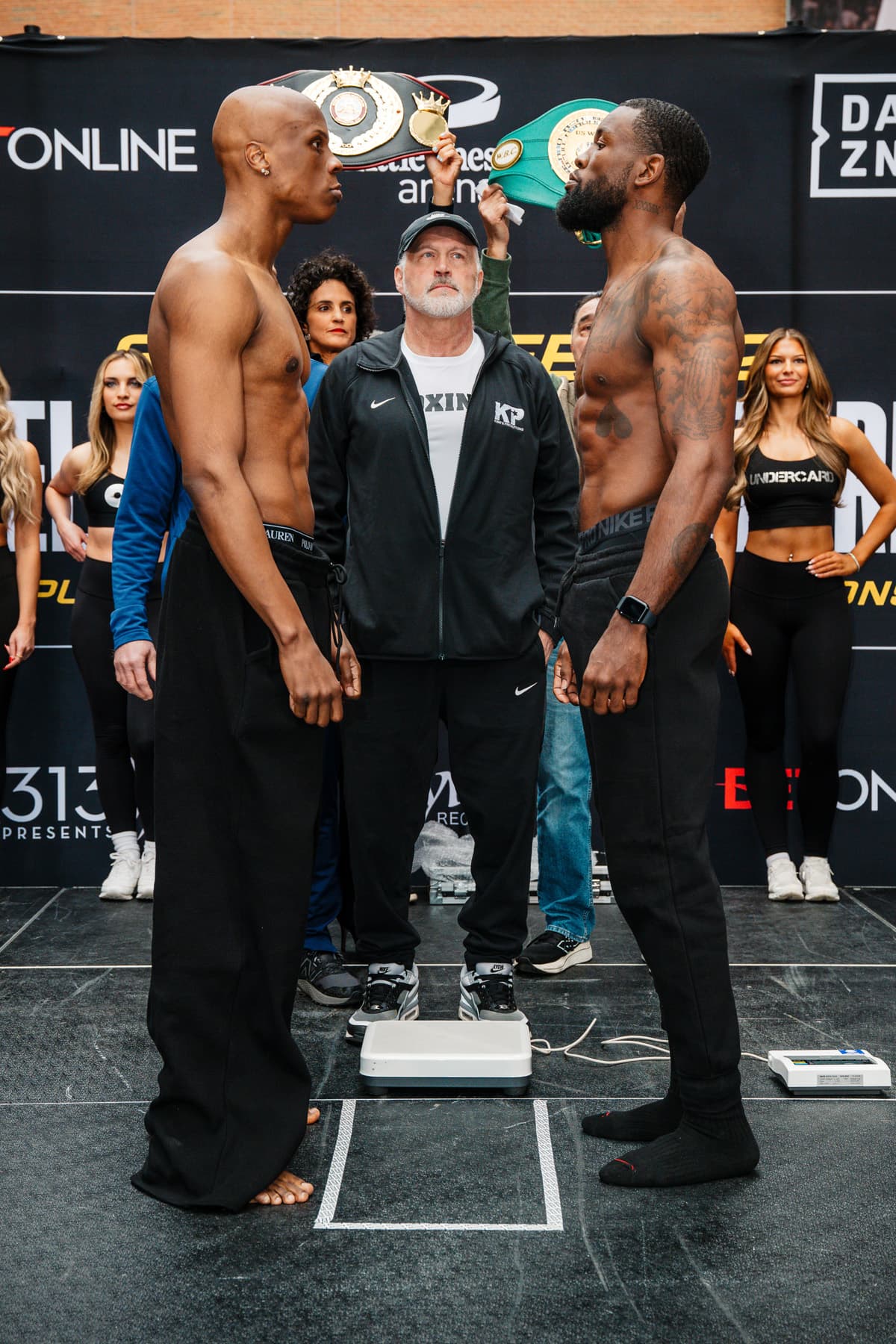 Atif Oberlton and Joseph George face off at the weigh-in, ahead of their boxing rematch in Detroit