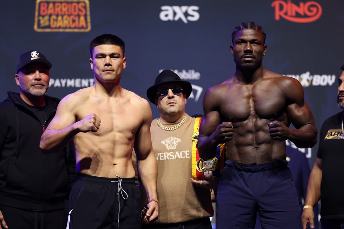 Bektemir Melikuziev and Sena Agbeko during the weigh-in