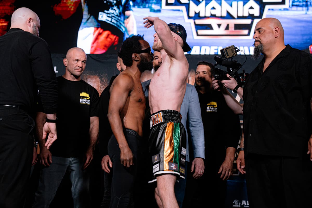 Charles Bennett and Pat Sullivan face off during the BKFC Knucklemania 6 weigh-in