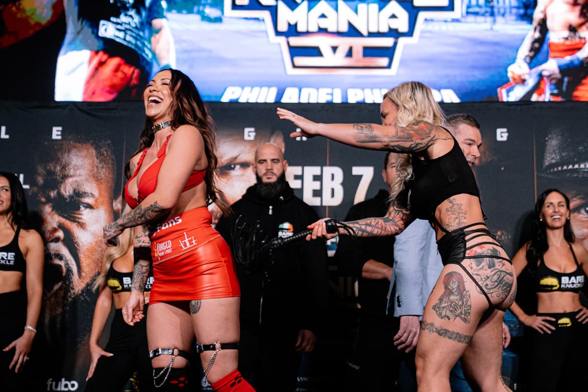 Crystal Pittman and Jade Masson-Wong during the BKFC Knucklemania 6 weigh-in
