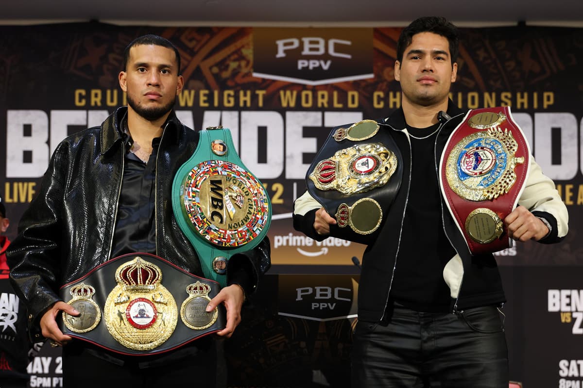 David Benavidez and Gilberto 'Zurdo' Ramirez posing with their championship belts during a launch press conference