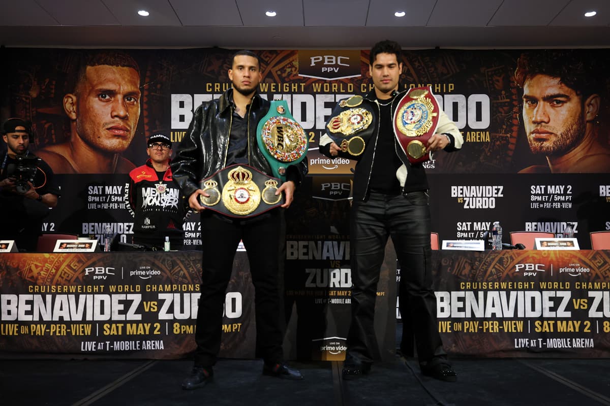 David Benavidez and Gilberto 'Zurdo' Ramirez posing with their championship belts during a launch press conference