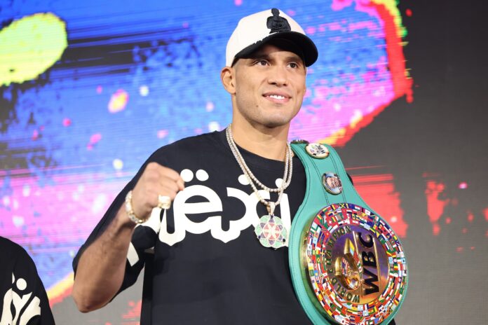 David Benavidez holding WBC belt during grand arrivals ahead of his boxing match
