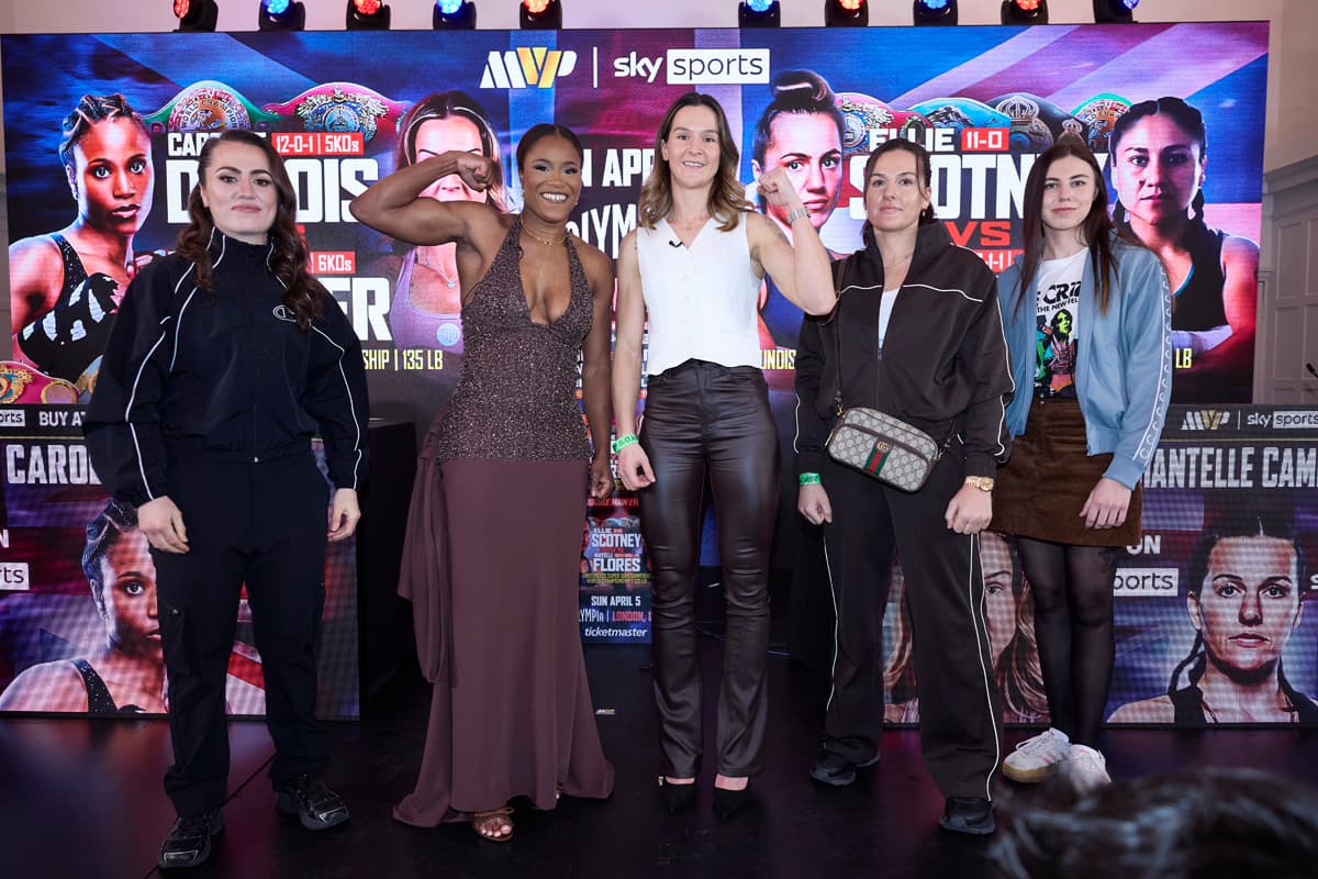 Ellie Scotney, Caroline Dubois, Terri Harper, Chantelle Cameron, and Emma Dolan during a kickoff press conference in London