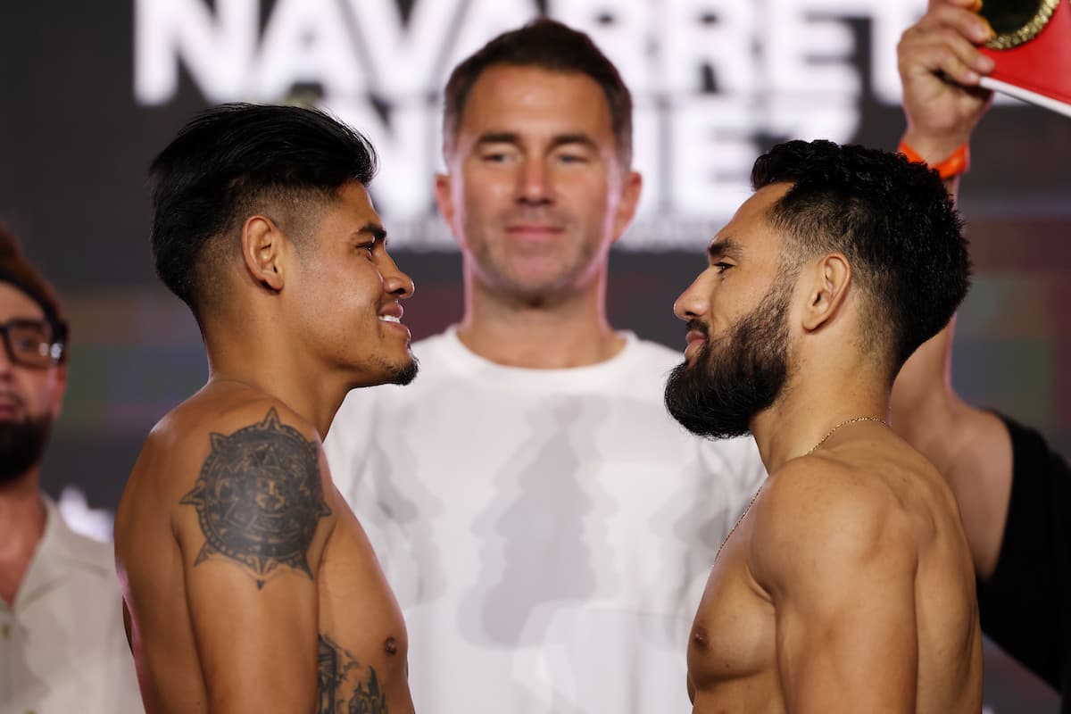 Emanuel Navarrete and Eduardo Nunez face off during the weigh-in ahead of their boxing match