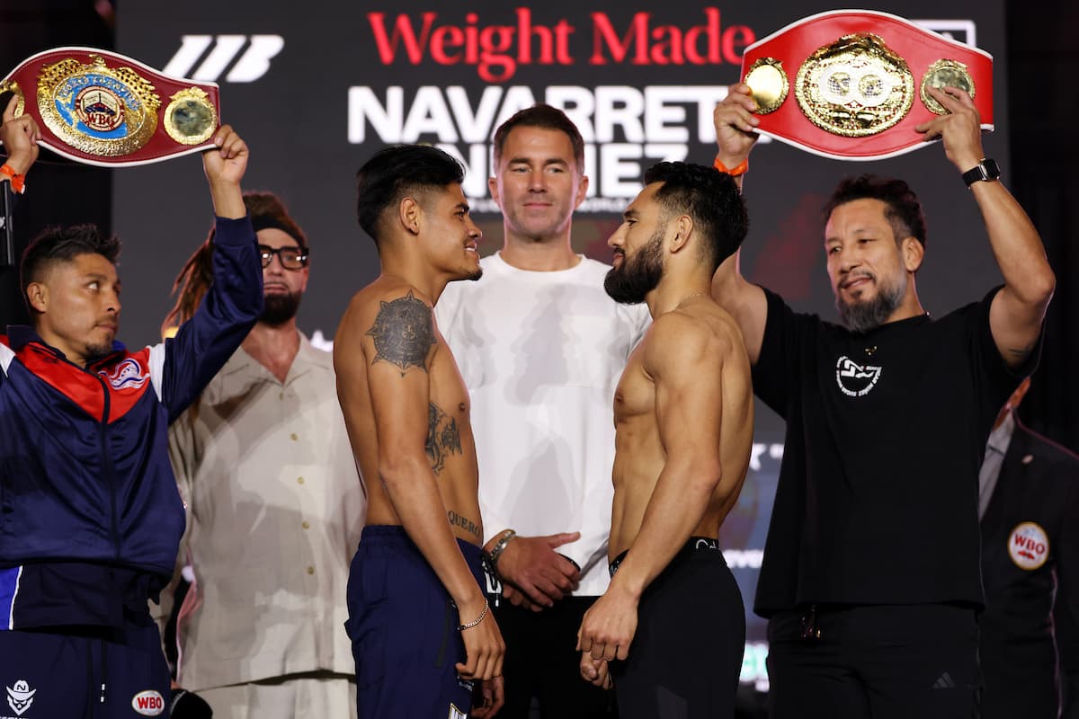 Emanuel Navarrete and Eduardo Nunez face off during the weigh-in ahead of their boxing match