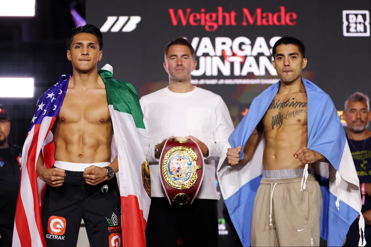 Emiliano Vargas and Agustin Ezequiel Quintana during the weigh-in ahead of their boxing match