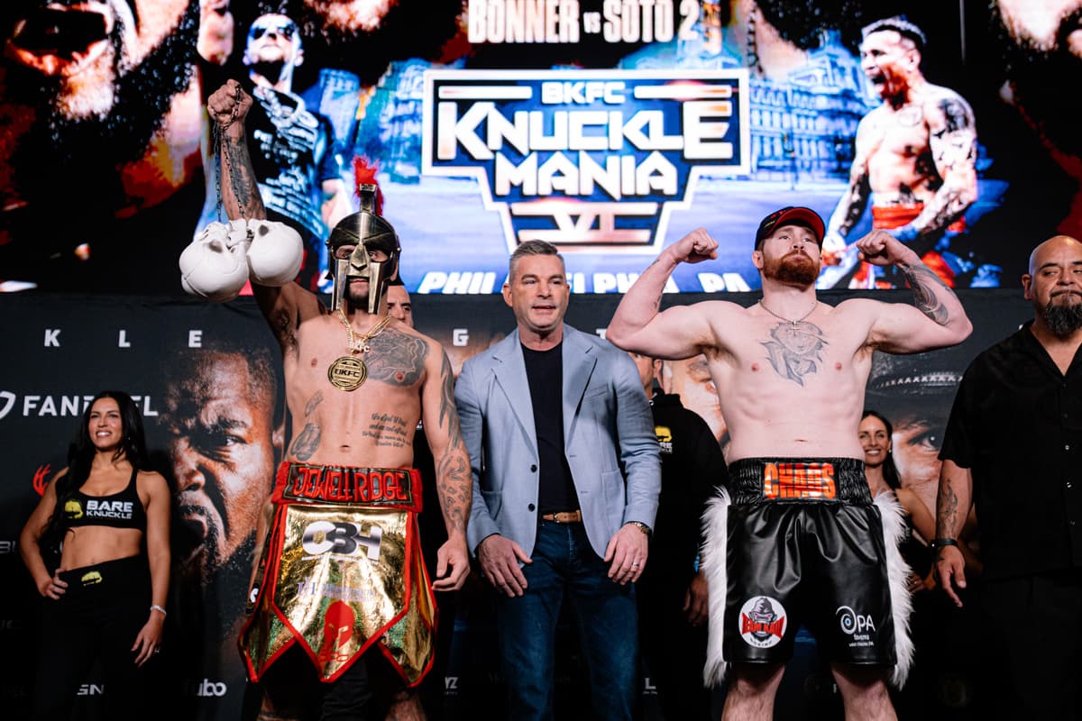 Harrison Aiken and Cody Russell during the BKFC Knucklemania 6 weigh-in