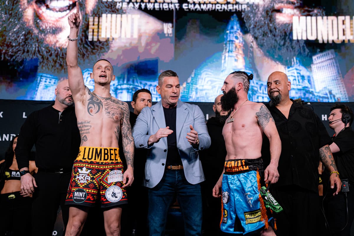 Joshua Oxendine and Travis Thompson during the BKFC Knucklemania 6 weigh-in