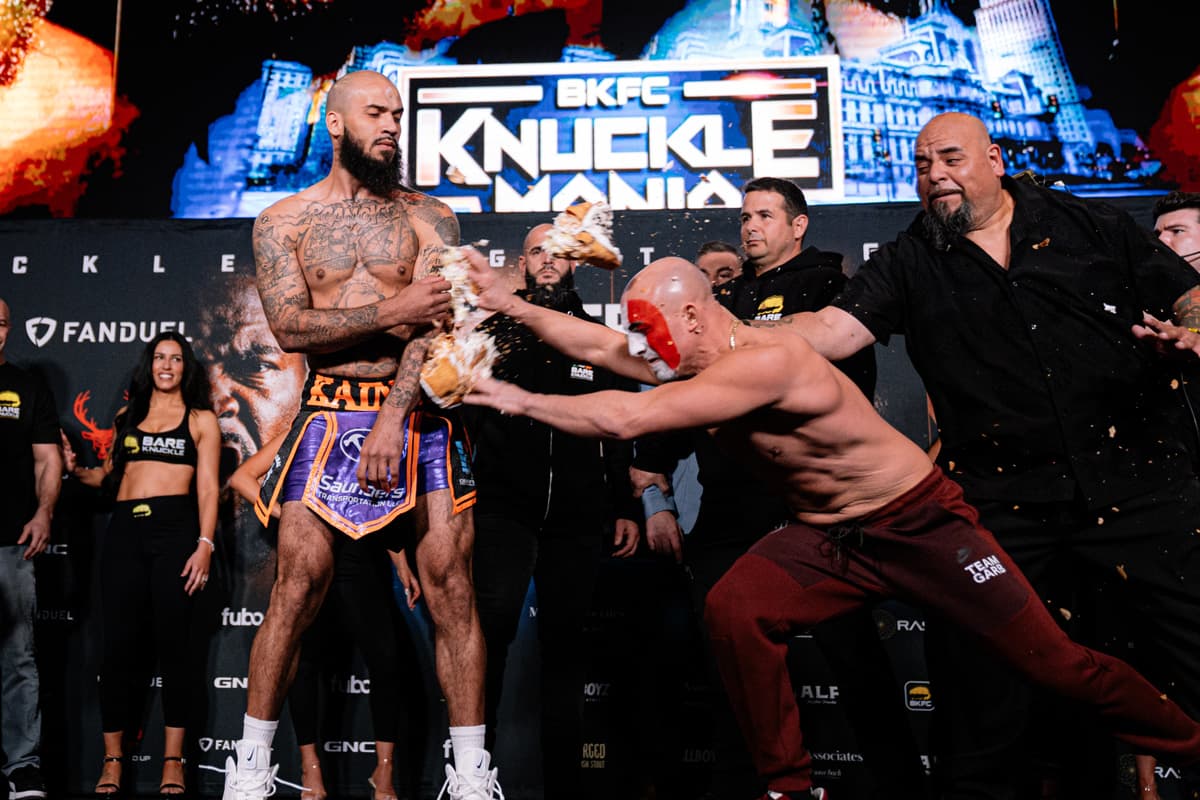 Kaine Tomlinson Jr. and John Garbarino during the BKFC Knucklemania 6 weigh-in