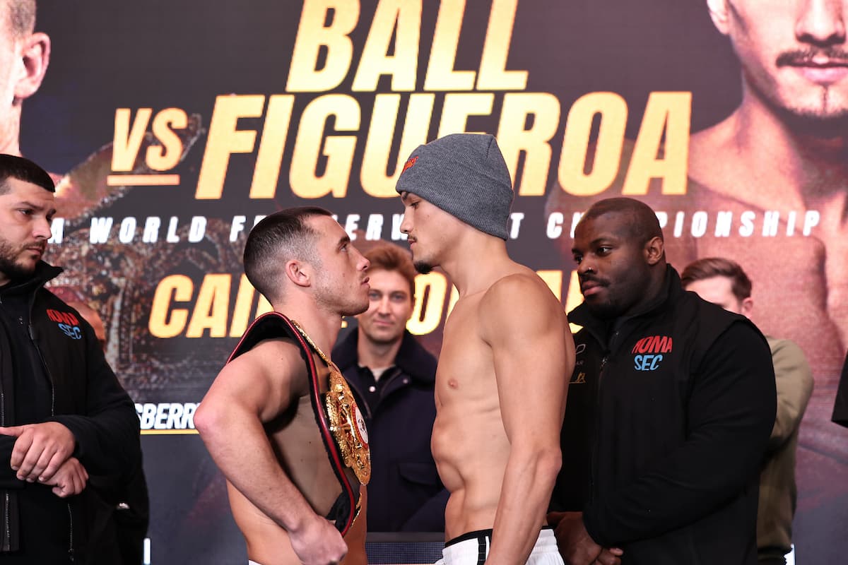 Nick Ball and Brandon Figueroa face off during the weigh-in