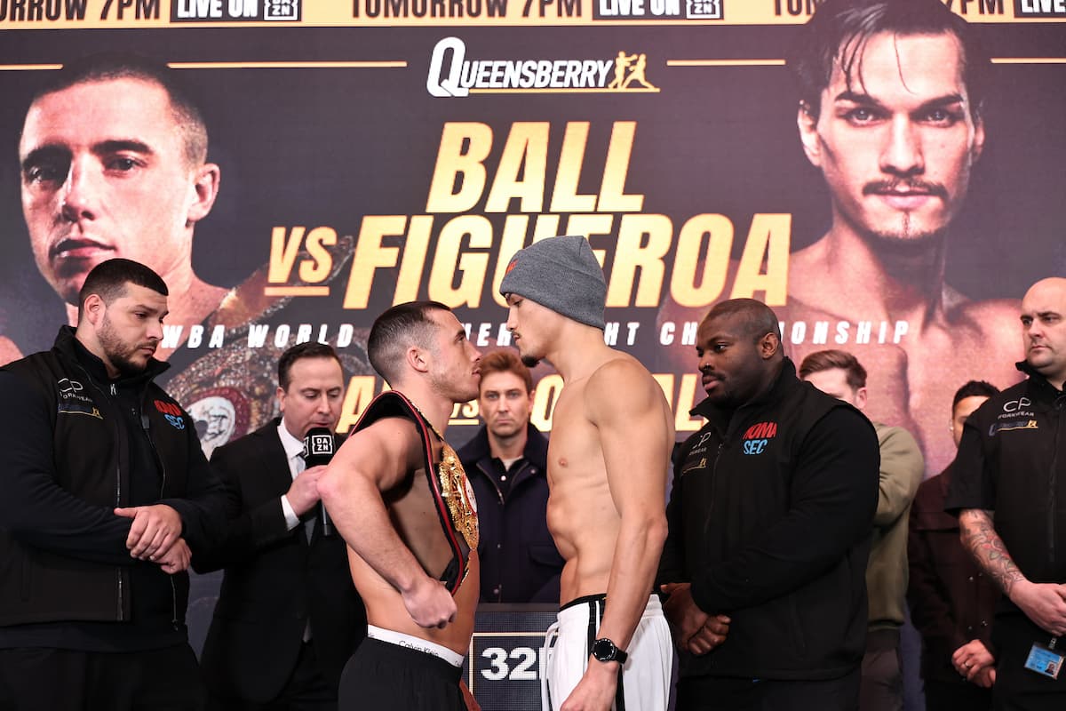 Nick Ball and Brandon Figueroa face off during the weigh-in