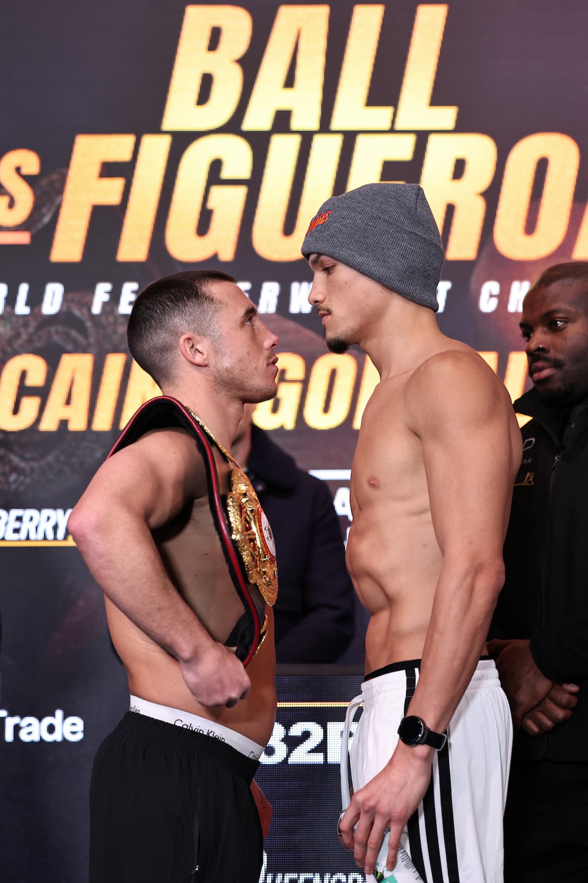 Nick Ball and Brandon Figueroa face off during the weigh-in