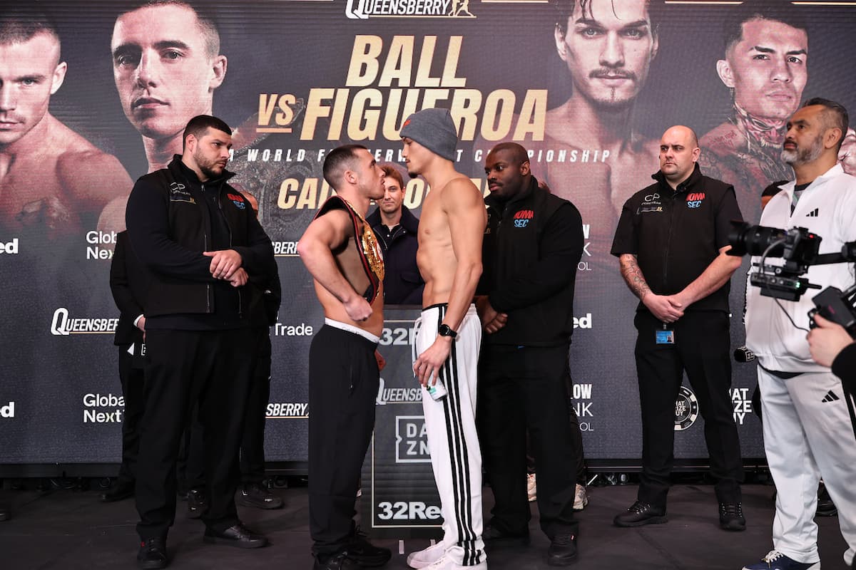 Nick Ball and Brandon Figueroa face off during the weigh-in