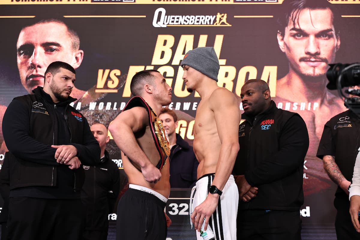 Nick Ball and Brandon Figueroa face off during the weigh-in