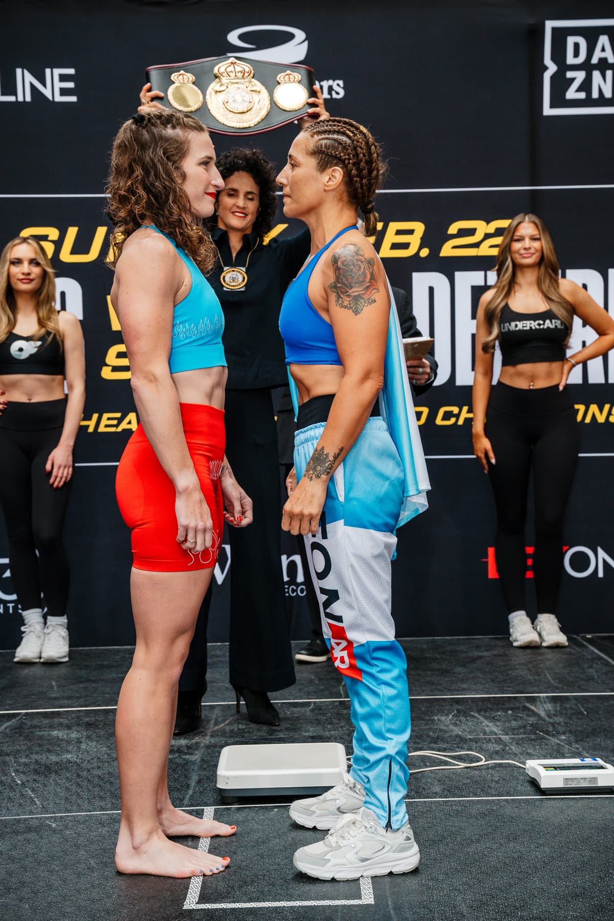 Samantha Worthington and Edith Soledad Matthysse face off at the weigh-in, ahead of their boxing rematch in Detroit