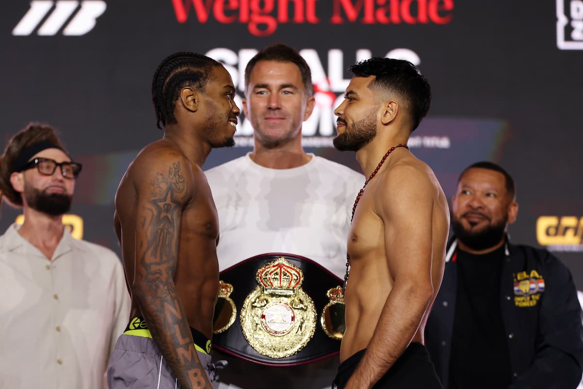 Tahmir Smalls and Abel Ramos face off during the weigh-in ahead of their boxing match