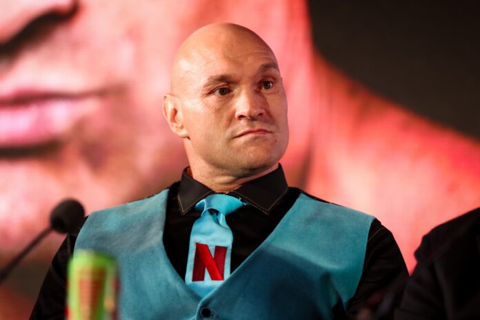 Tyson Fury during a press conference ahead of his boxing match against Arslanbek Makhmudov