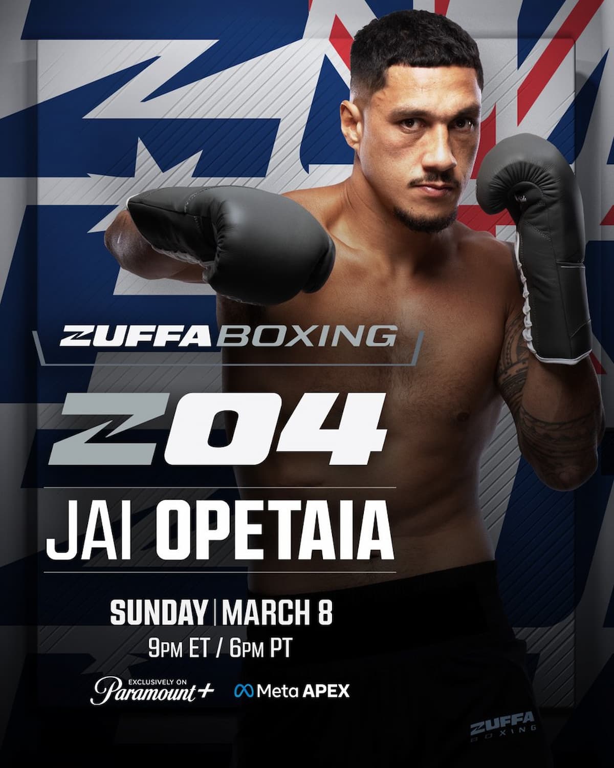 Jai Opetaia in a fighting stance, promoting his upcoming bout at Zuffa Boxing 04