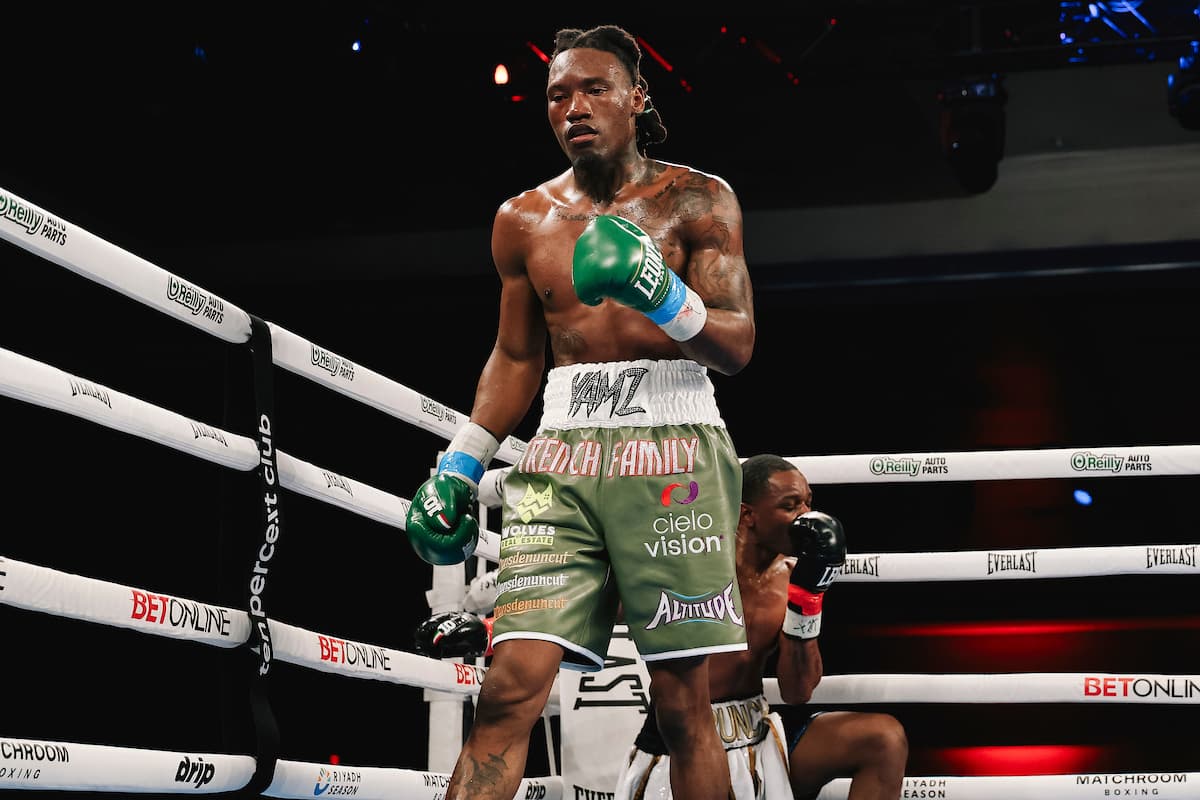 Antraveous Ingram knocks down Christopher Thompson during their boxing match