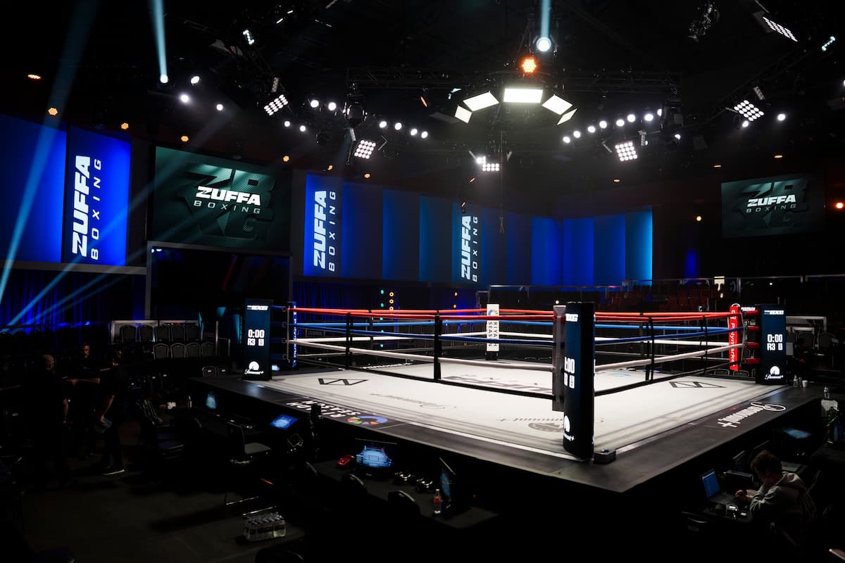 Boxing ring set up at the Meta Apex arena in Las Vegas, Nevada, ready for Zuffa Boxing 4