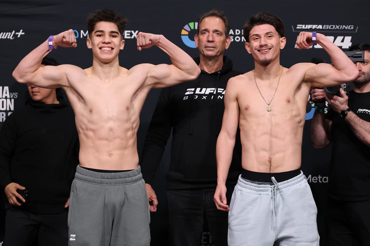 Brady Ochoa and Adrian Serrano during the Zuffa Boxing 4 weigh-in