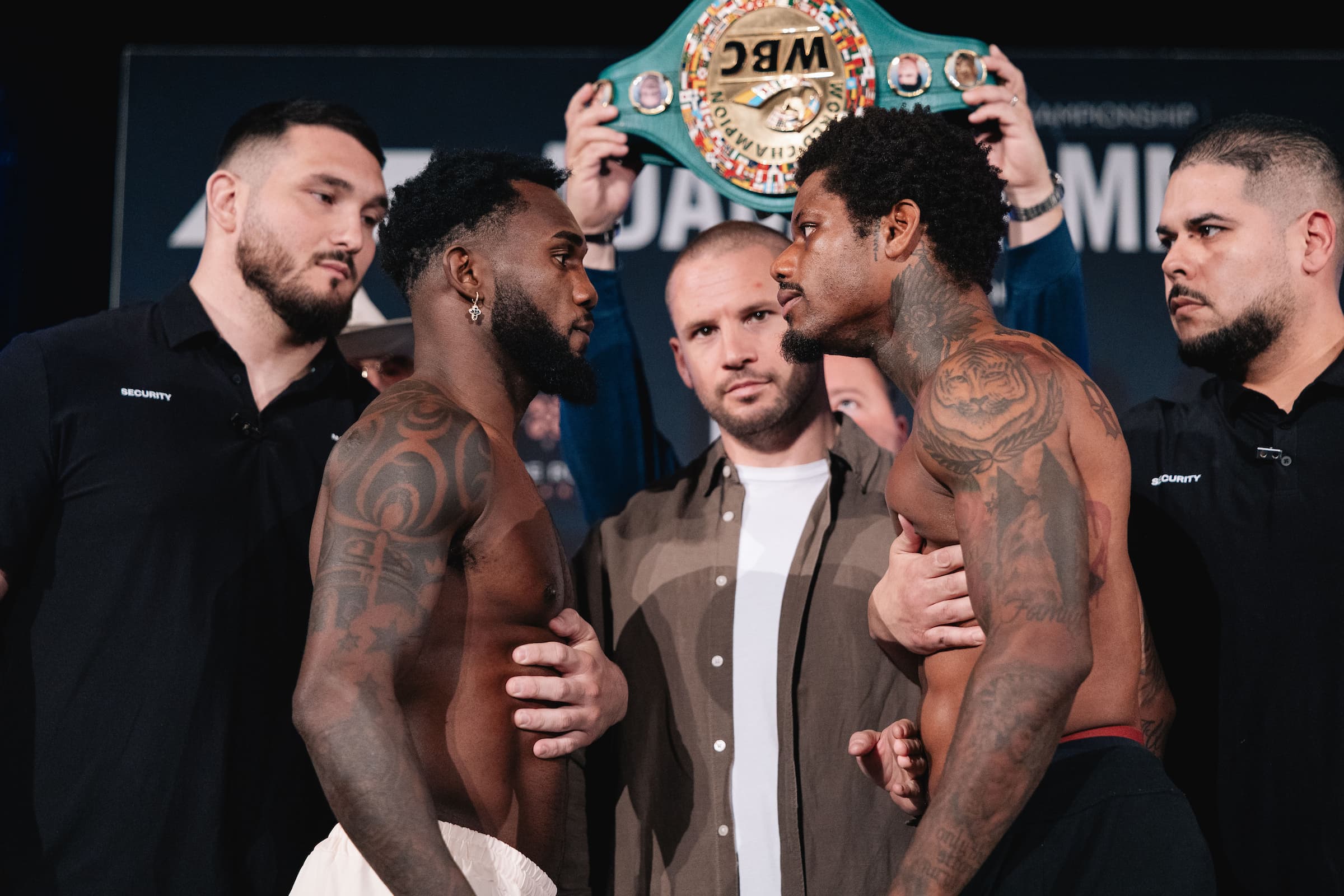 Carlos Adames and Austin 'Ammo' Williams face off at the weigh-in, ahead of their boxing bout at Caribe Royale Orlando