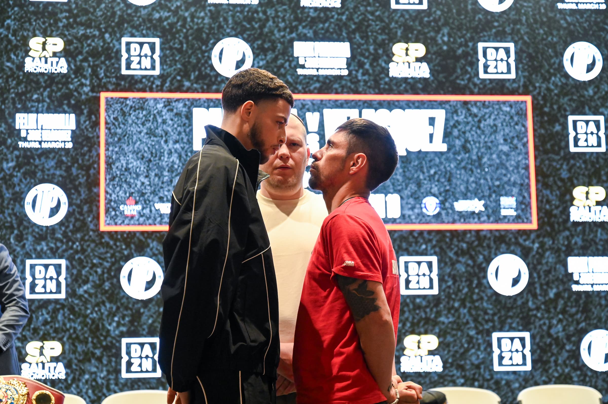 Felix Parrilla and Jose Velasquez face off at the press conference ahead of their boxing match in Puerto Rico