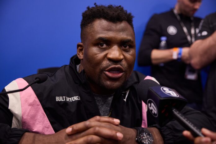 Francis Ngannou speaking at a press conference following his boxing match against Anthony Joshua