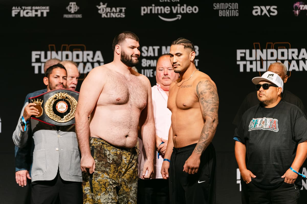 Gurgen Hovhannisyan and Cesar Navarro at the weigh-in ahead of their boxing match in Las Vegas
