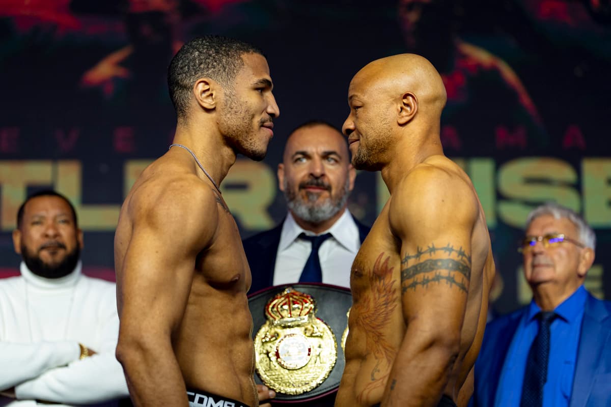 Lenar Perez and Isaac Chilemba face off during the weigh-in