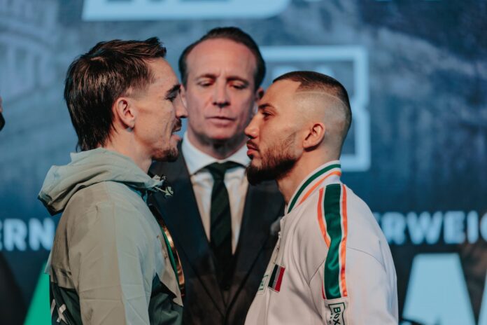 Michael Conlan and Kevin Walsh face off at the press conference ahead of their boxing match in Belfast