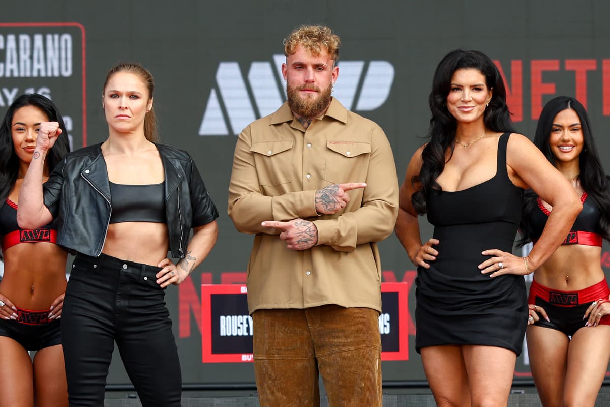 Ronda Rousey, Jake Paul, and Gina Caranoat the press conference