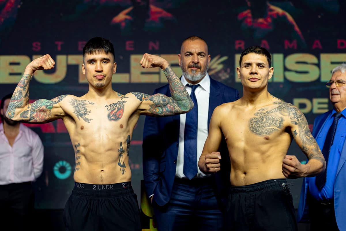Steve Claggett and Alejandro Frias Rodriguez during the weigh-in