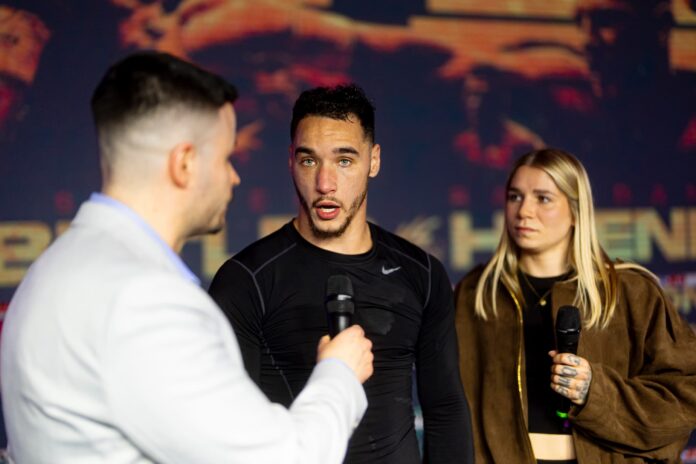 Steven Butler speaking during an open workout ahead of his bout against Ramadan Hiseni in Montreal