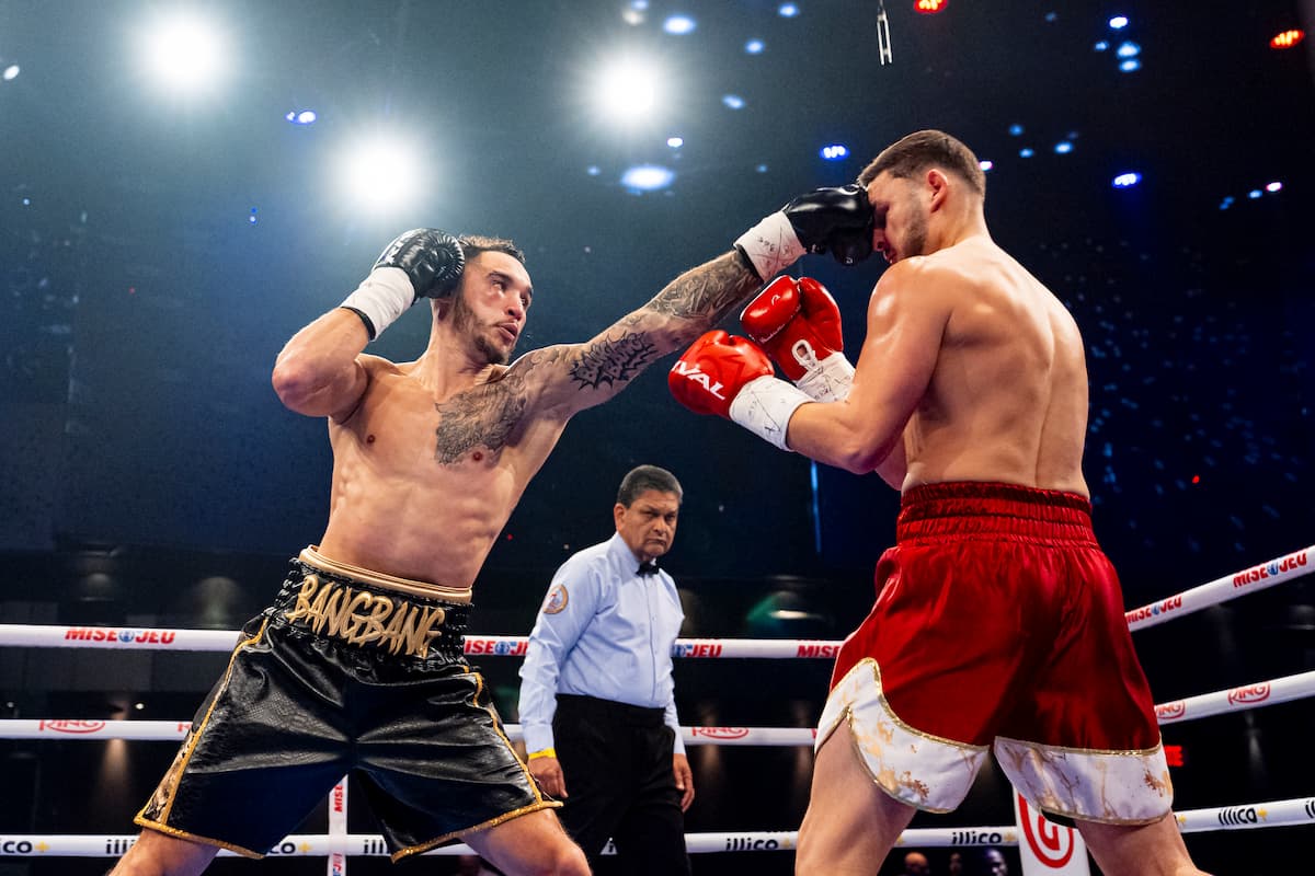 Steven Butler lands a jab during his boxing match against Ramadan Hiseni