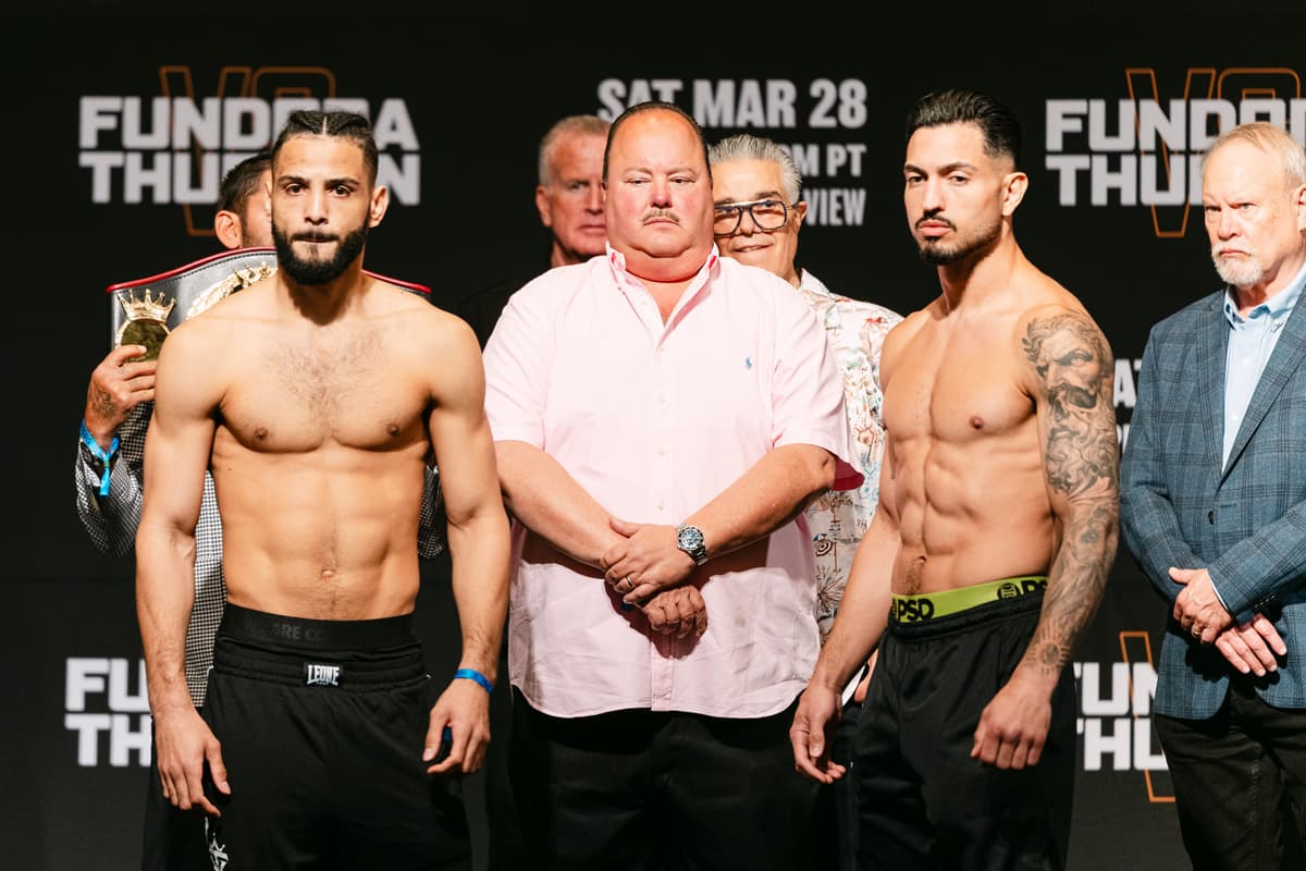 Yoenis Tellez and Brian Mendoza at the weigh-in ahead of their boxing match in Las Vegas