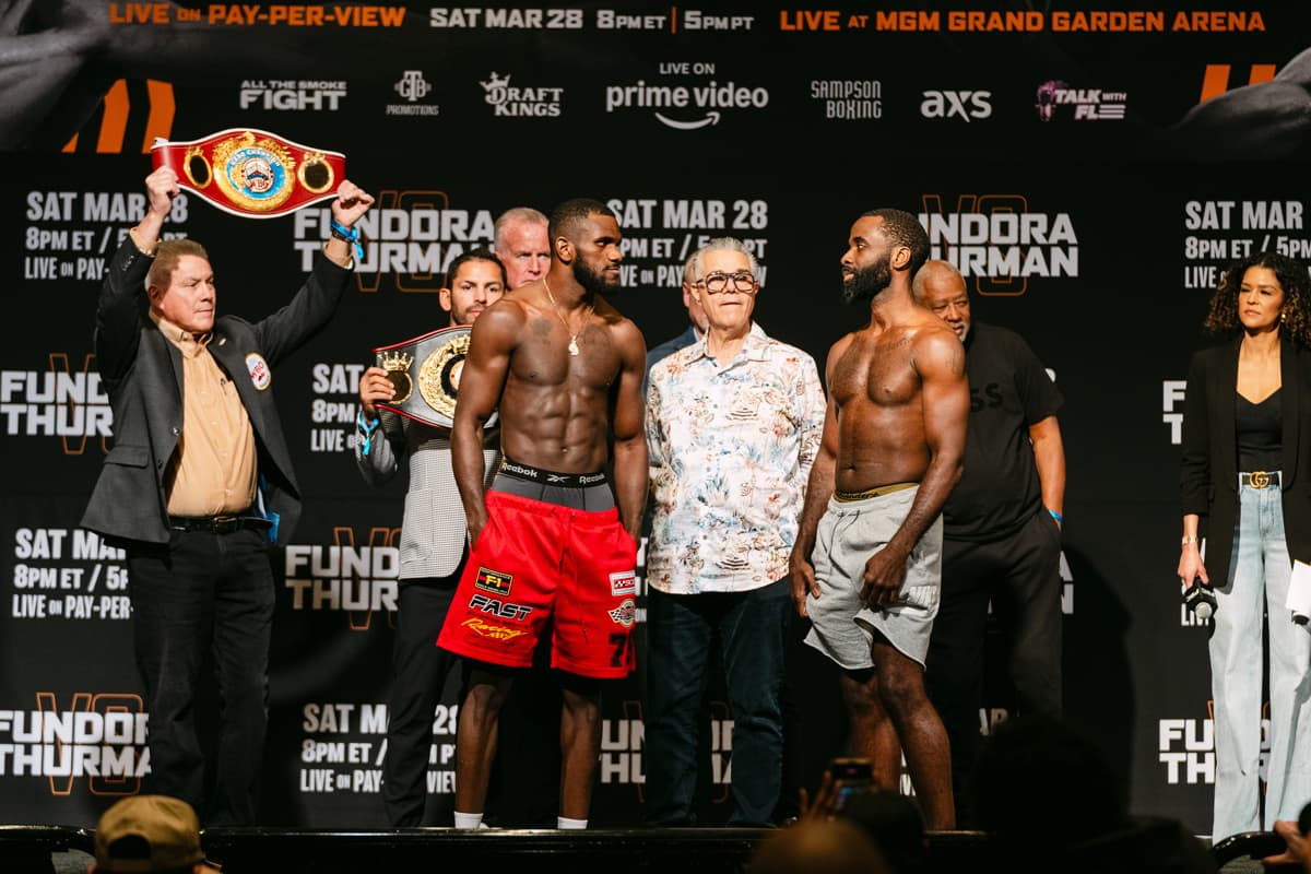 Yoenli Hernandez and Terrell Gausha at the weigh-in ahead of their boxing match in Las Vegas