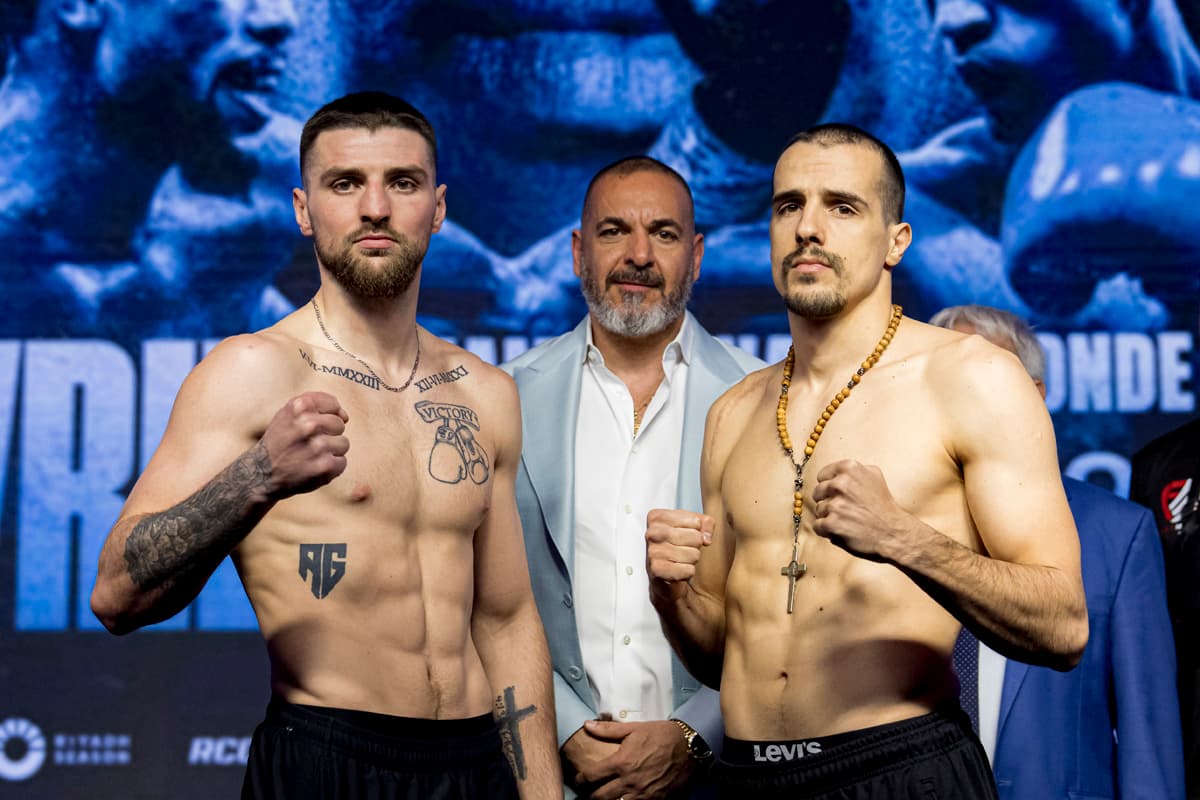 Alexandre Gaumont and Luka Lozo at the weigh-in ahead of their boxing match