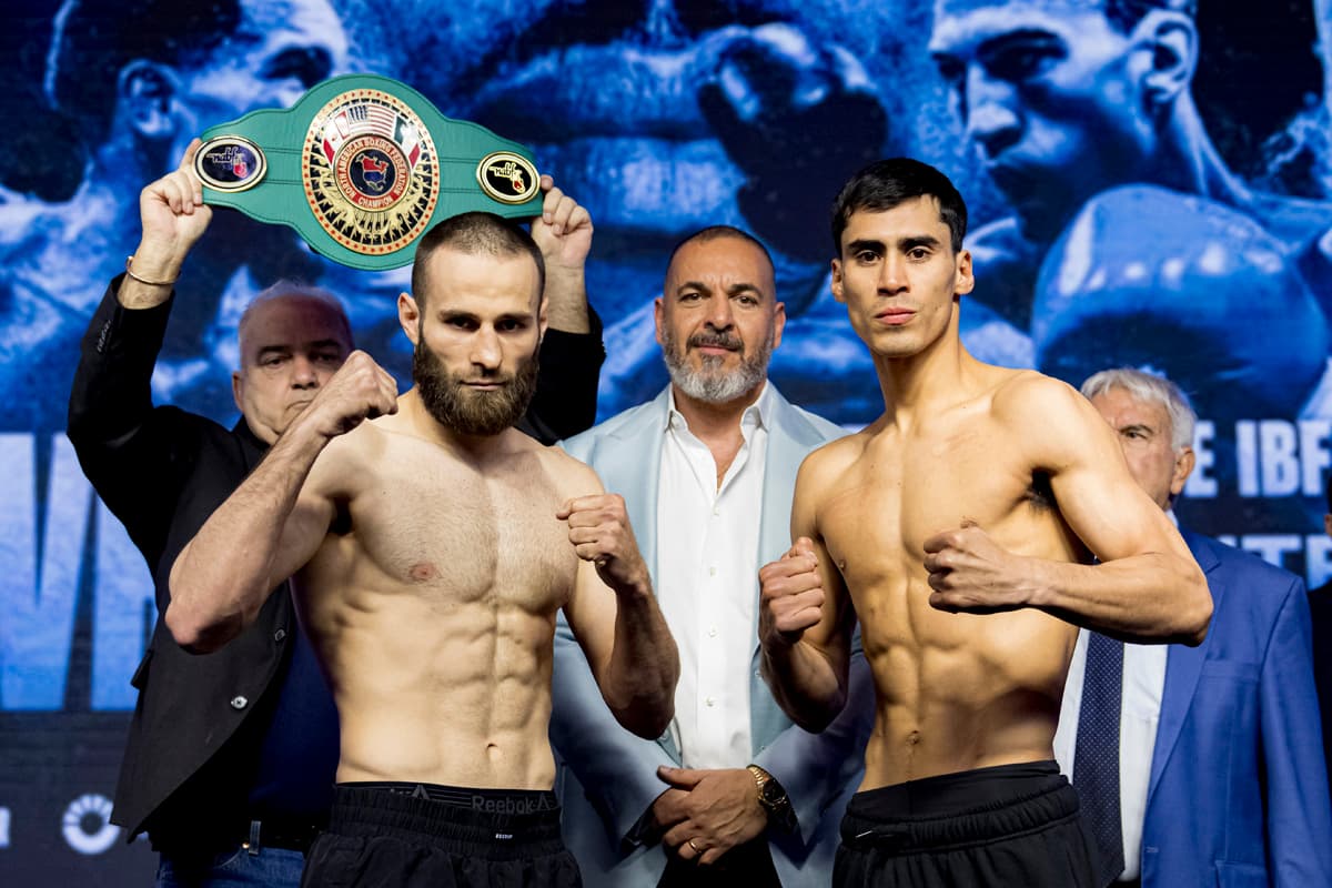 Arthur Biyarslanov and Jimerr Espinosa at the weigh-in ahead of their boxing match