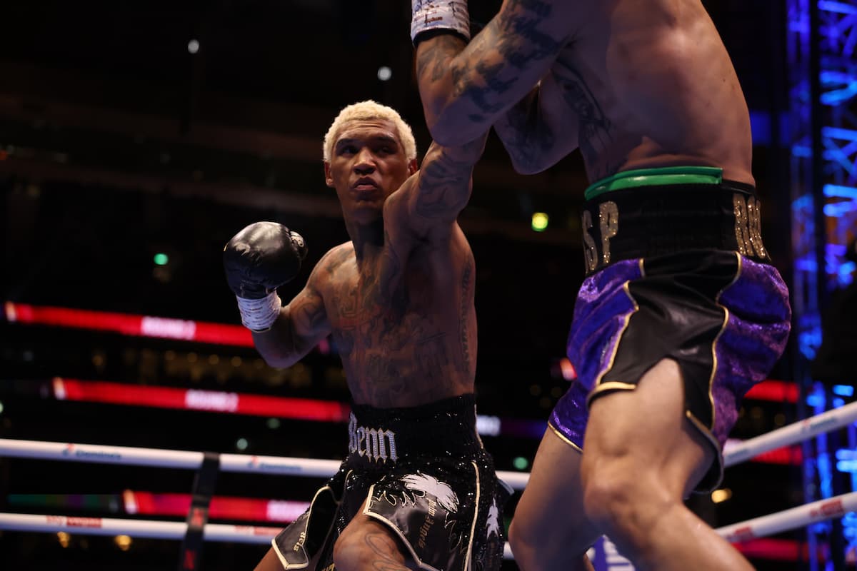 Conor Benn throws a jab during his boxing match against Regis Prograis