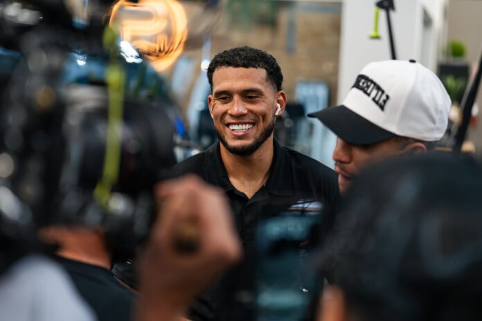 David Benavidez smiling during a training session at Artist Boxing Gym in Las Vegas