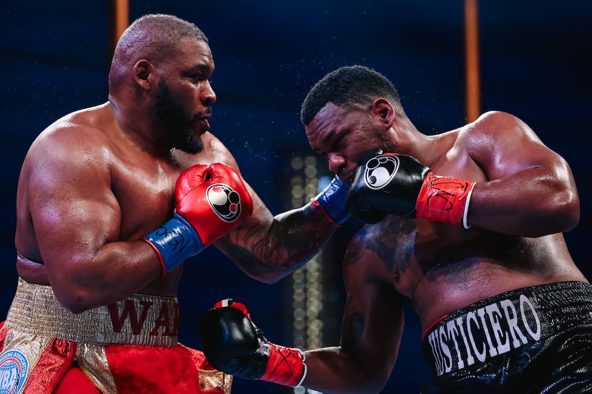 Jarrell Miller lands a punch during his bout against Lenier Pero